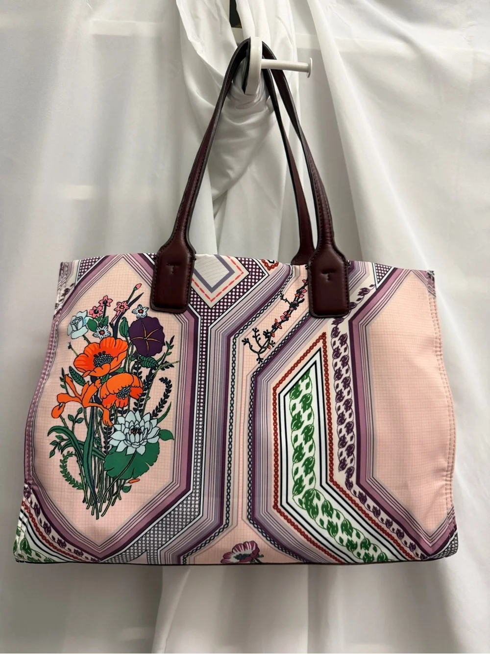 Tory Burch Pink Floral Logo Tote with Brown Leather Trim